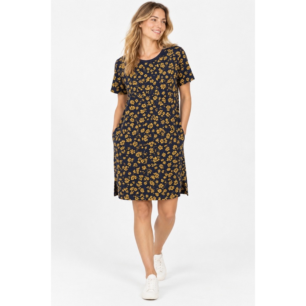 Joules Riviera Dress Navy Blue Yellow Floral Cotton Jersey Short Sleeve- Size 12